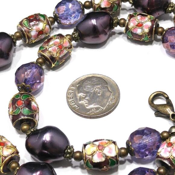 Purple Cloisonne Beaded Necklace, Faux Purple Pearls Czech Faceted Beads, 21 In. - Picture 7 of 8